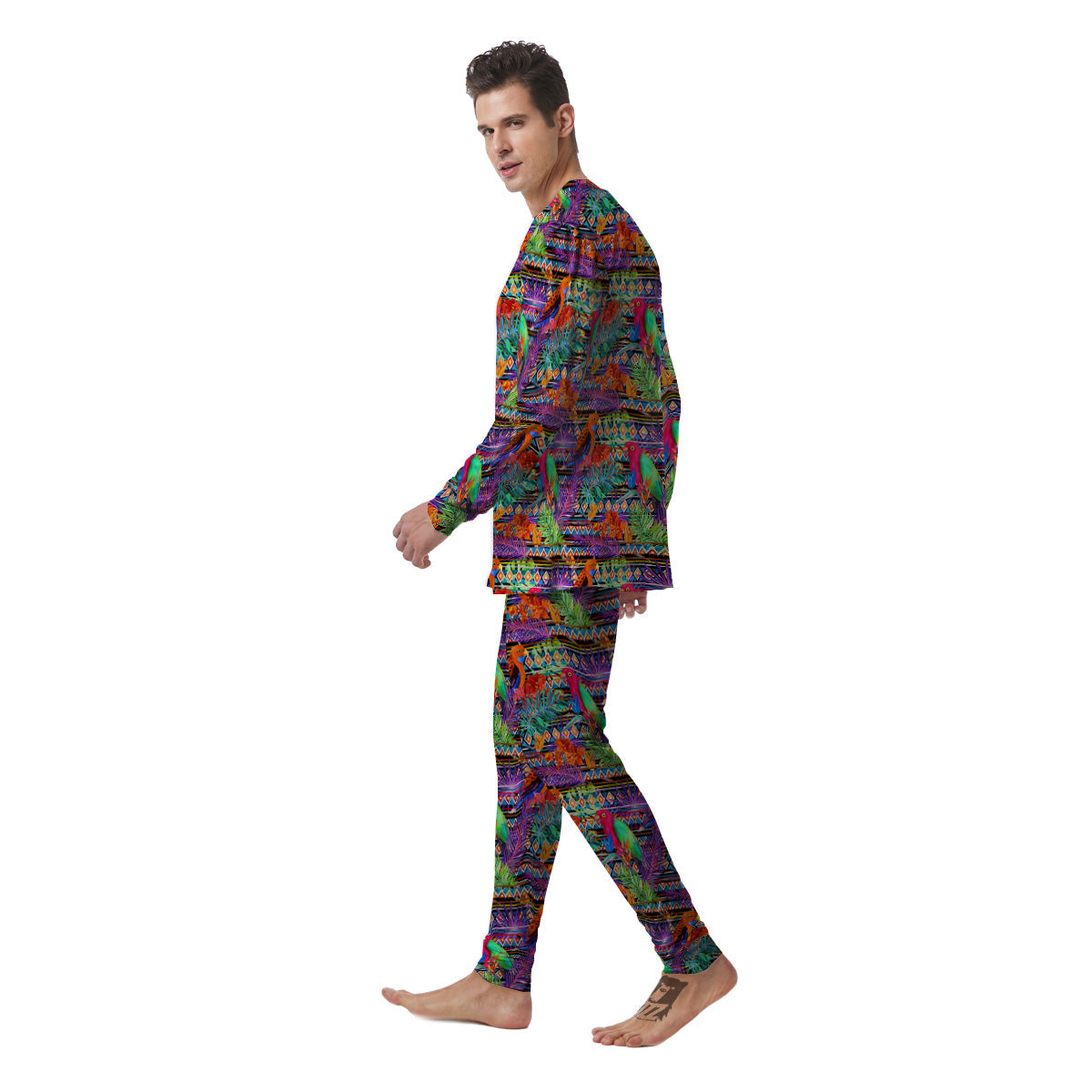 Tropical Leaves Exotic Bird Aztec Print Pattern Men's Pajamas-grizzshop