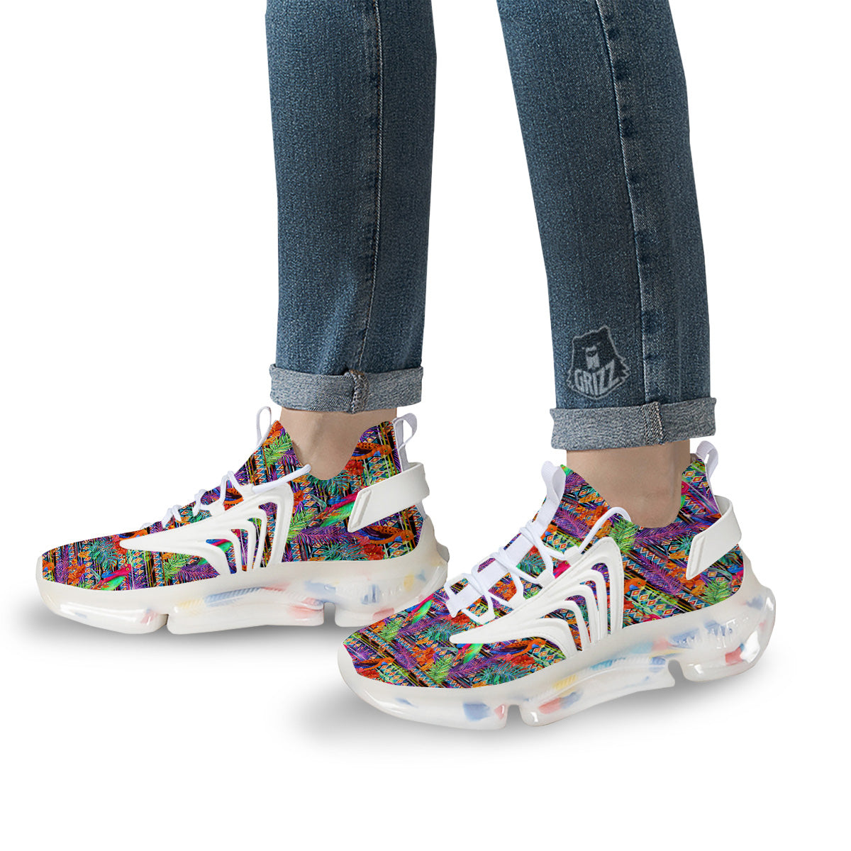 Tropical Leaves Exotic Bird Aztec Print Pattern White Gym Shoes-grizzshop