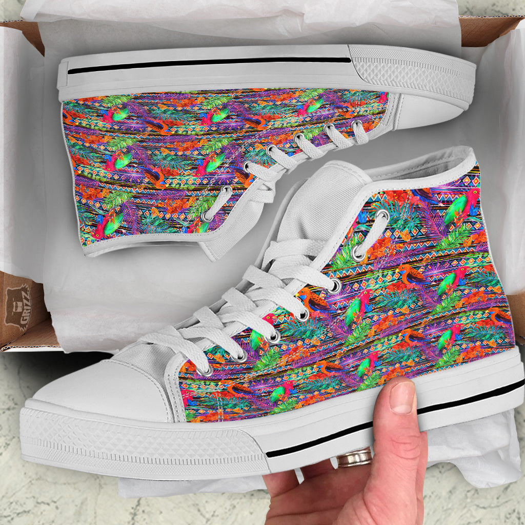 Tropical Leaves Exotic Bird Aztec Print Pattern White High Top Shoes-grizzshop