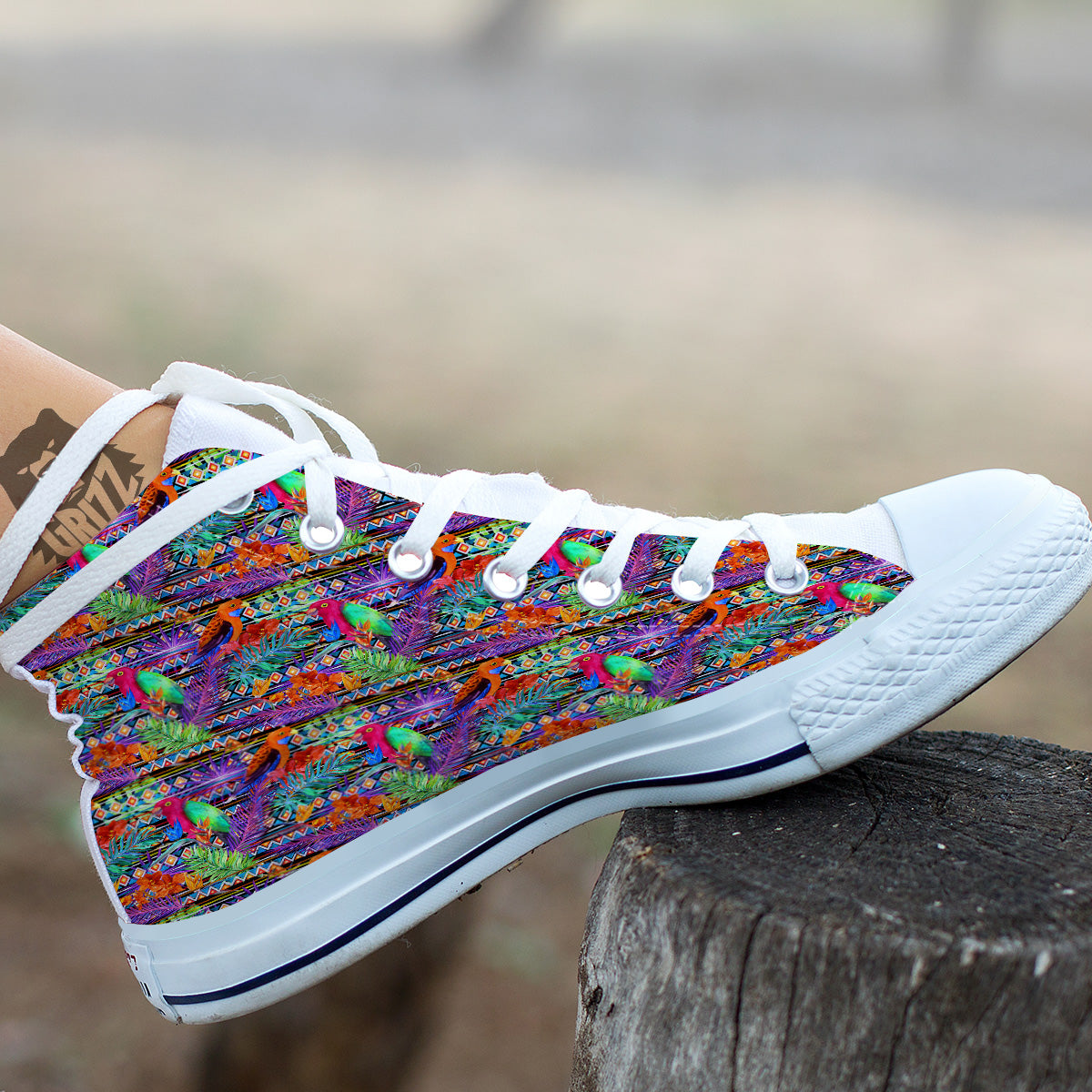 Tropical Leaves Exotic Bird Aztec Print Pattern White High Top Shoes-grizzshop