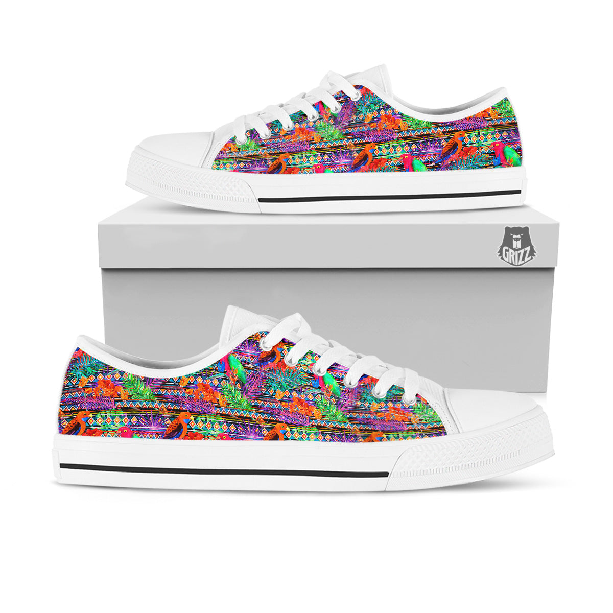 Tropical Leaves Exotic Bird Aztec Print Pattern White Low Top Shoes-grizzshop