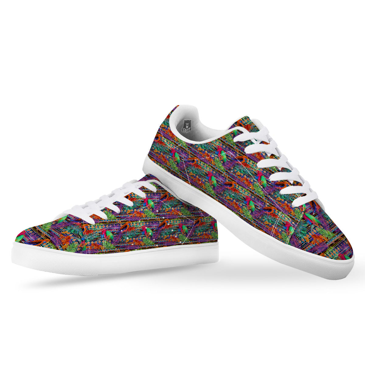 Tropical Leaves Exotic Bird Aztec Print Pattern White Low Top Sneakers-grizzshop