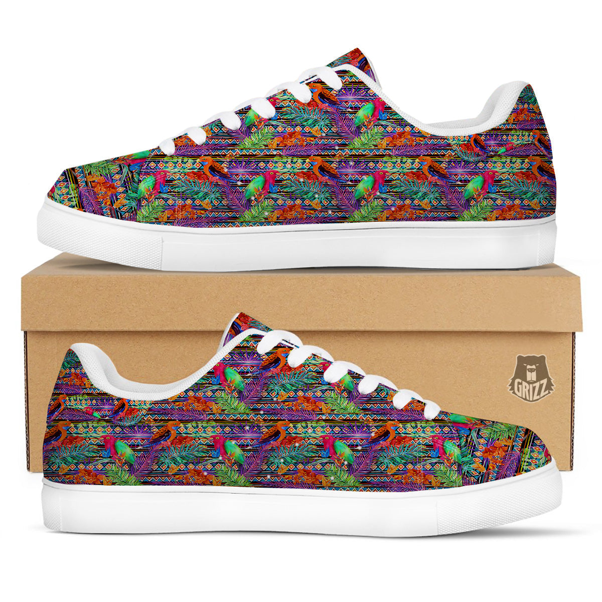 Tropical Leaves Exotic Bird Aztec Print Pattern White Low Top Sneakers-grizzshop