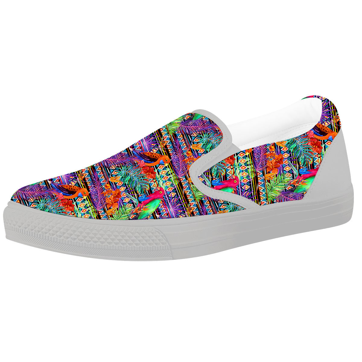 Tropical Leaves Exotic Bird Aztec Print Pattern White Slip On Shoes-grizzshop