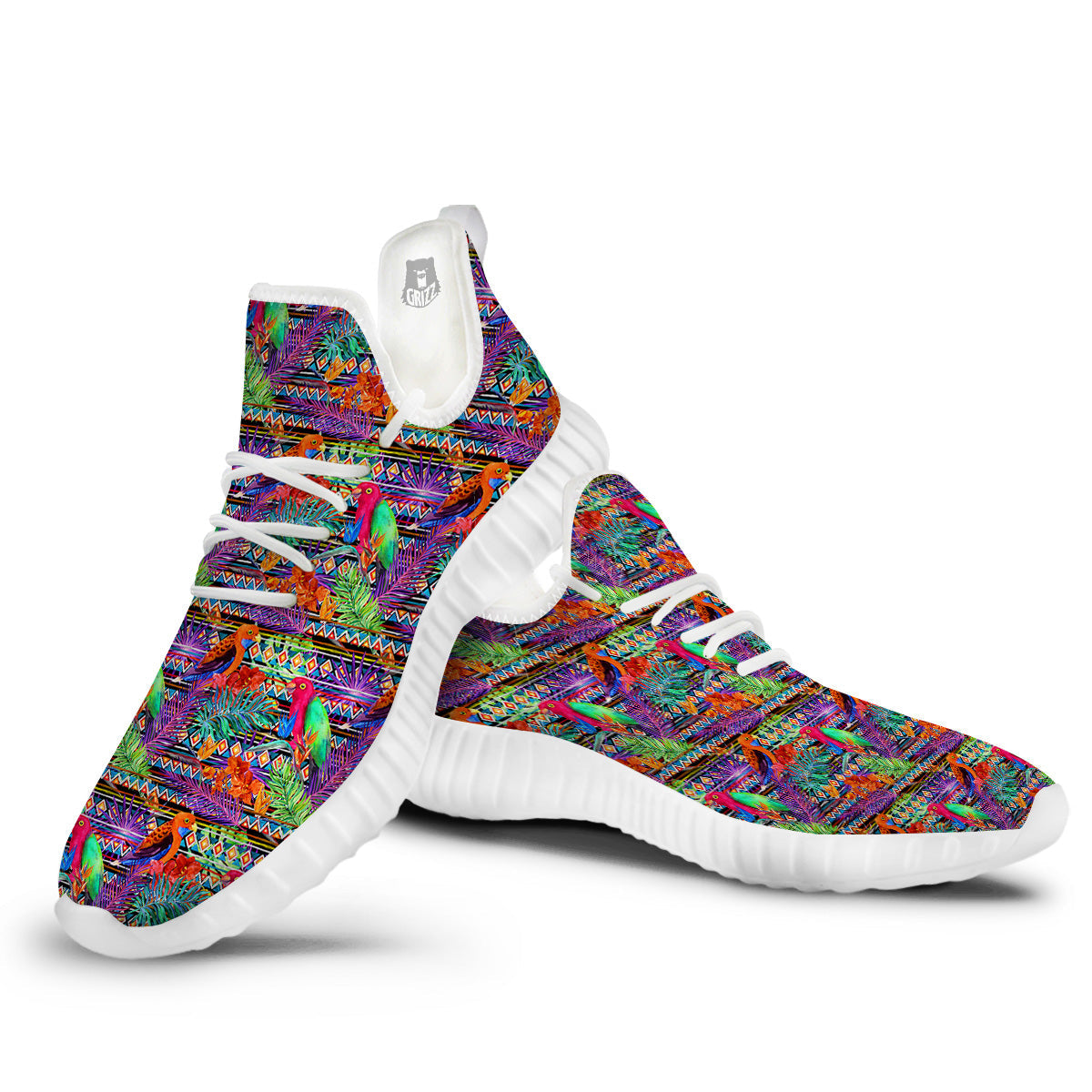 Tropical Leaves Exotic Bird Aztec Print Pattern White Walking Shoes-grizzshop