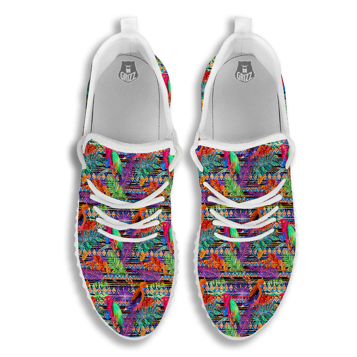 Tropical Leaves Exotic Bird Aztec Print Pattern White Walking Shoes-grizzshop