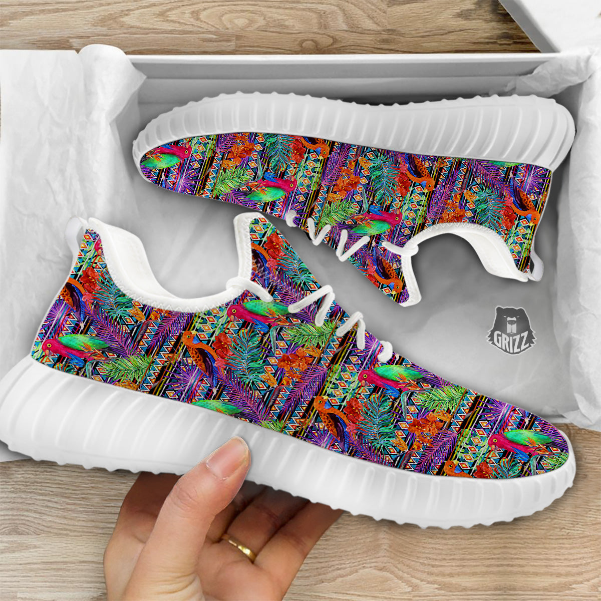 Tropical Leaves Exotic Bird Aztec Print Pattern White Walking Shoes-grizzshop