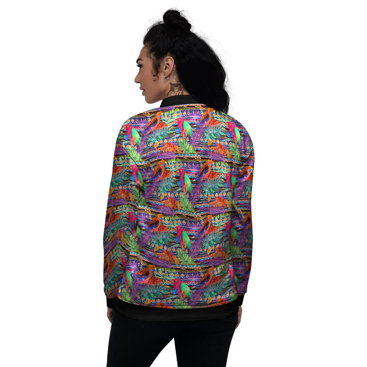 Tropical Leaves Exotic Bird Aztec Print Pattern Women's Bomber Jacket-grizzshop