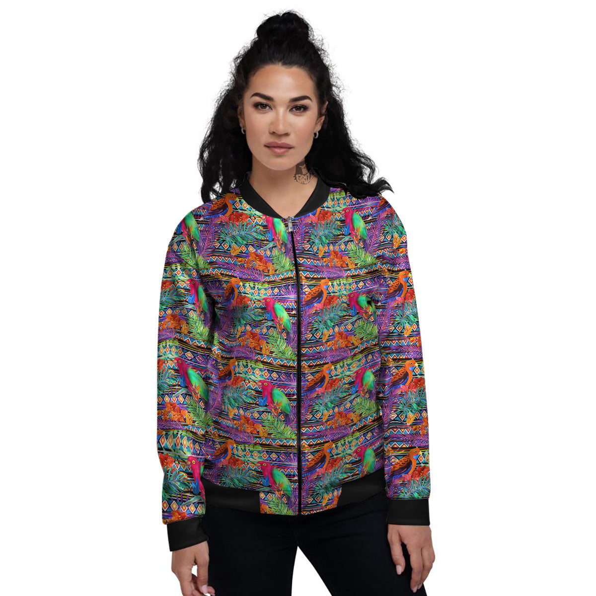 Tropical Leaves Exotic Bird Aztec Print Pattern Women's Bomber Jacket-grizzshop