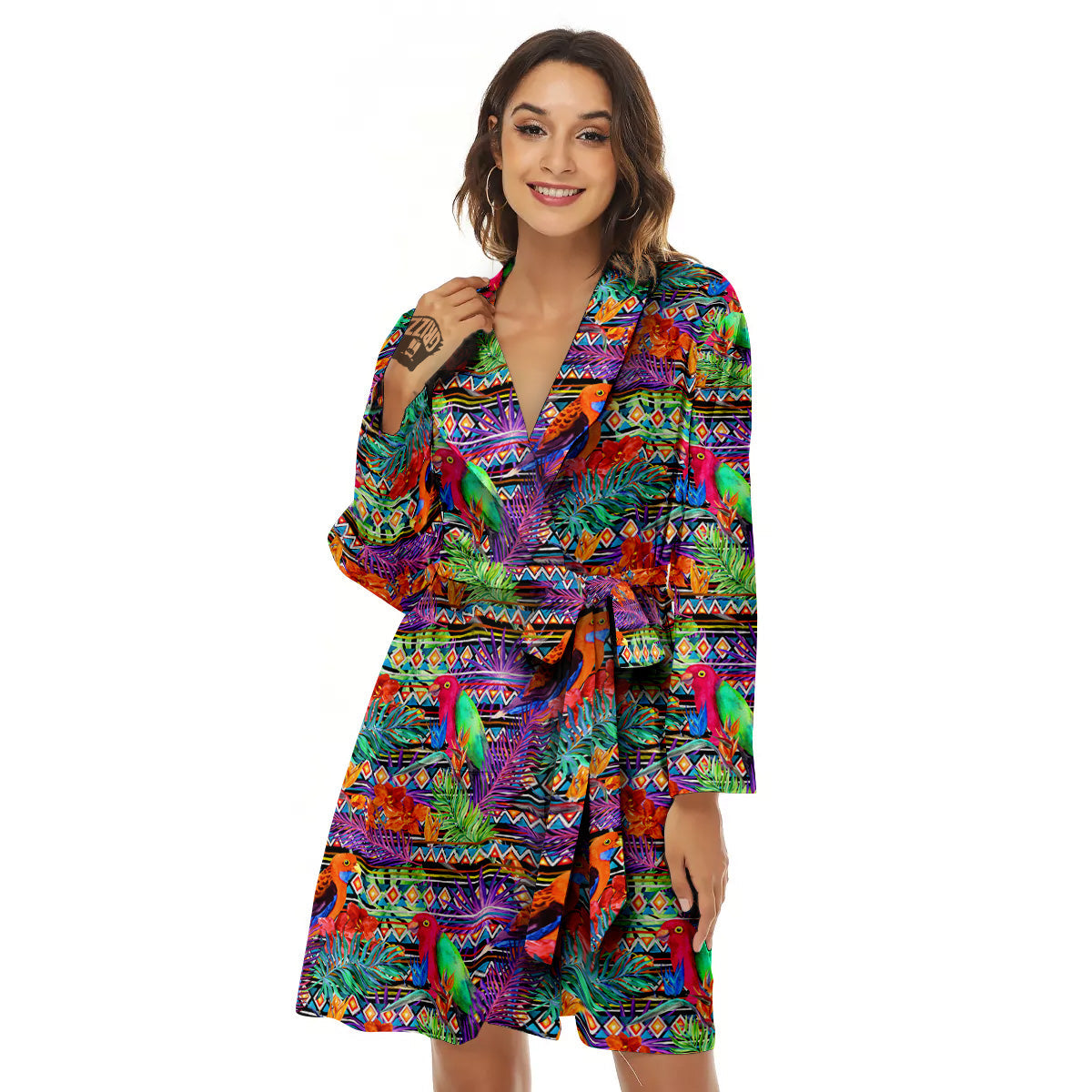 Tropical Leaves Exotic Bird Aztec Print Pattern Women's Robe-grizzshop