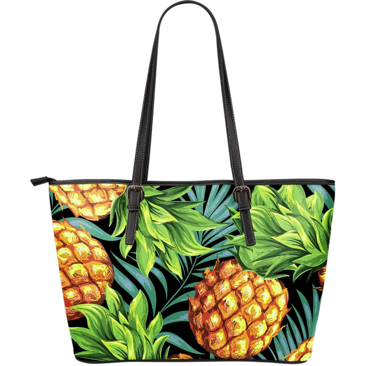 Tropical Leaves Hawaiian Pineapple Purse Print Leather Tote Bag-grizzshop