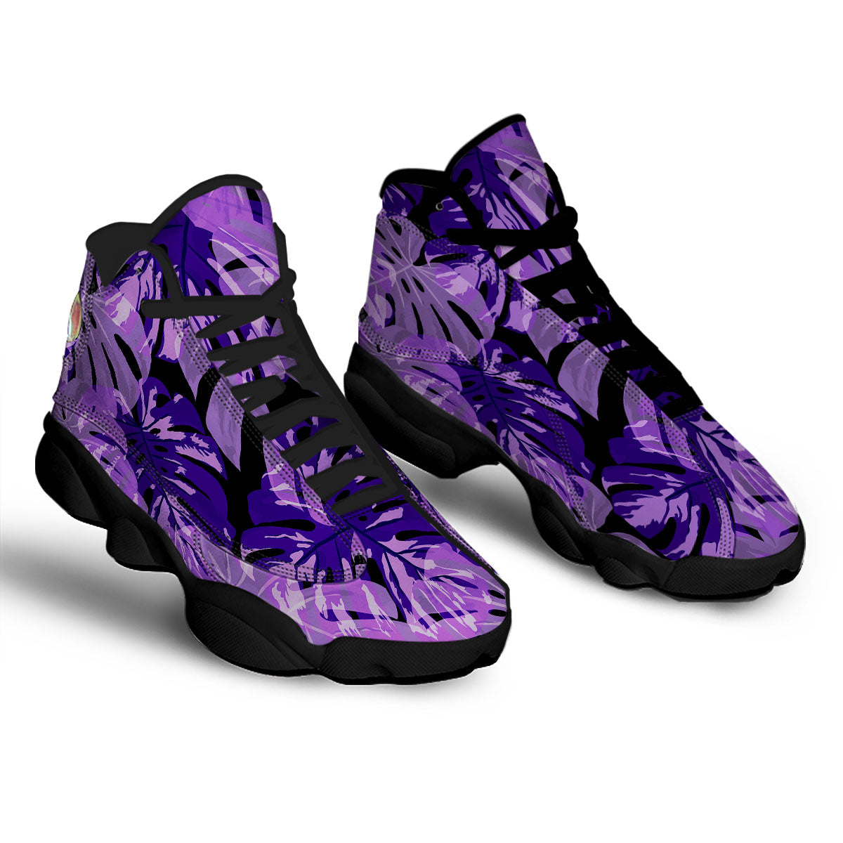 Tropical Leaves Purple Print Black Basketball Shoes-grizzshop