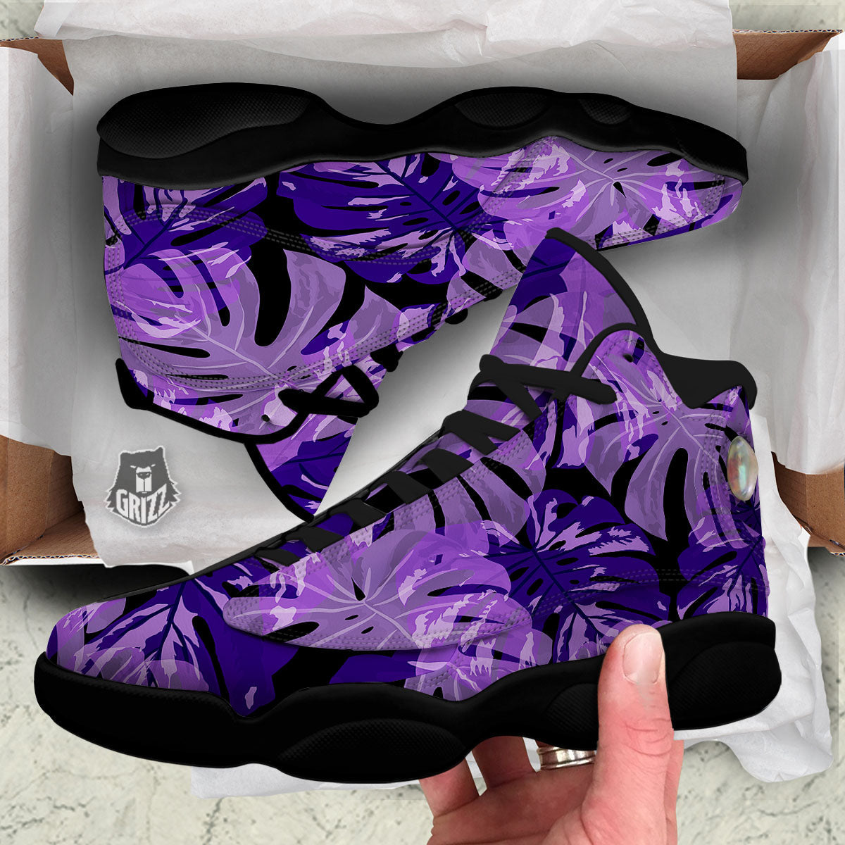 Tropical Leaves Purple Print Black Basketball Shoes-grizzshop