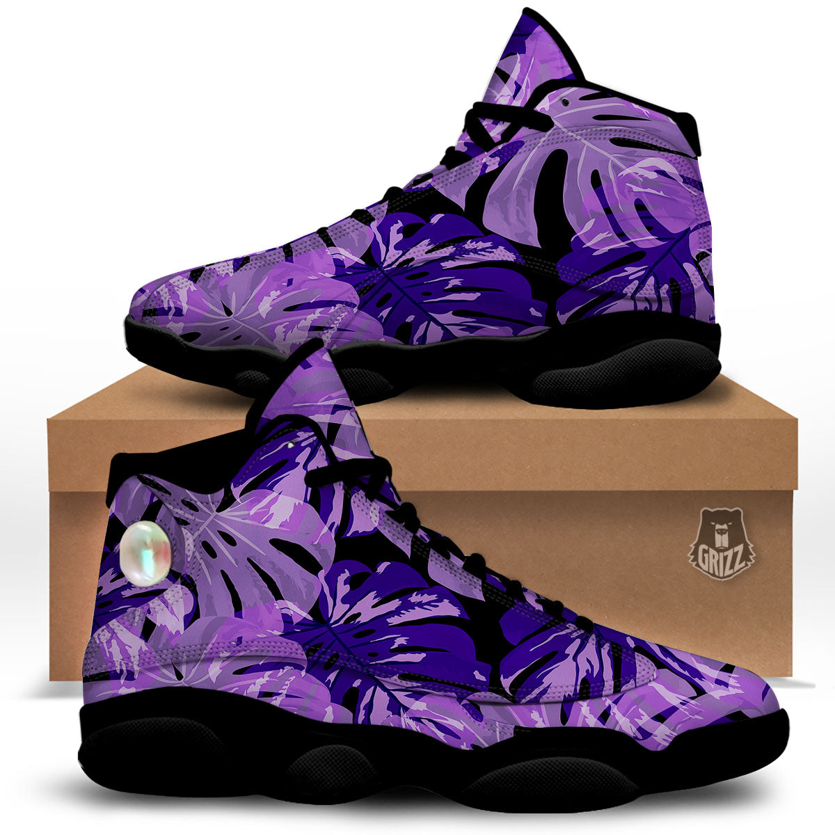 Tropical Leaves Purple Print Black Basketball Shoes-grizzshop