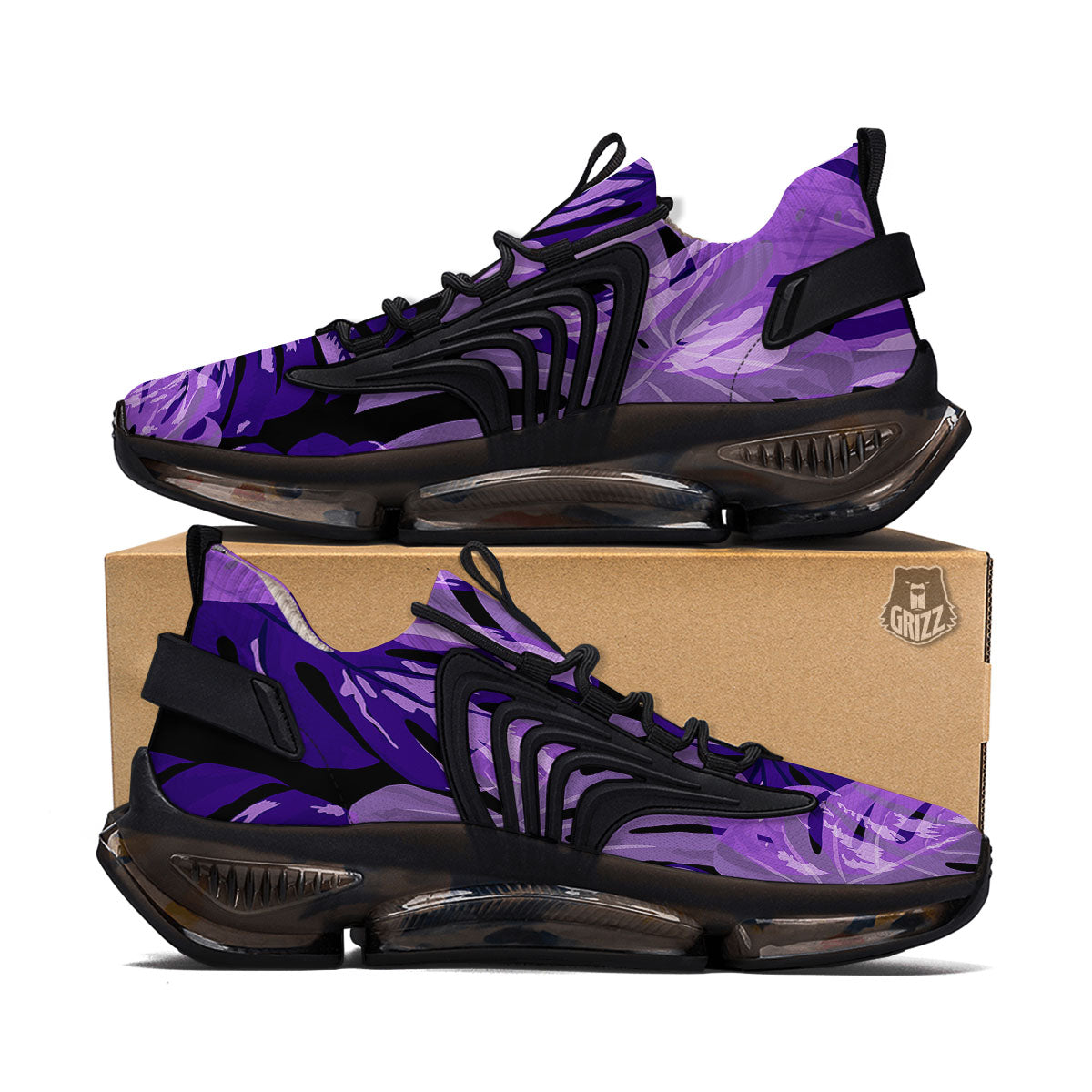 Tropical Leaves Purple Print Black Gym Shoes-grizzshop