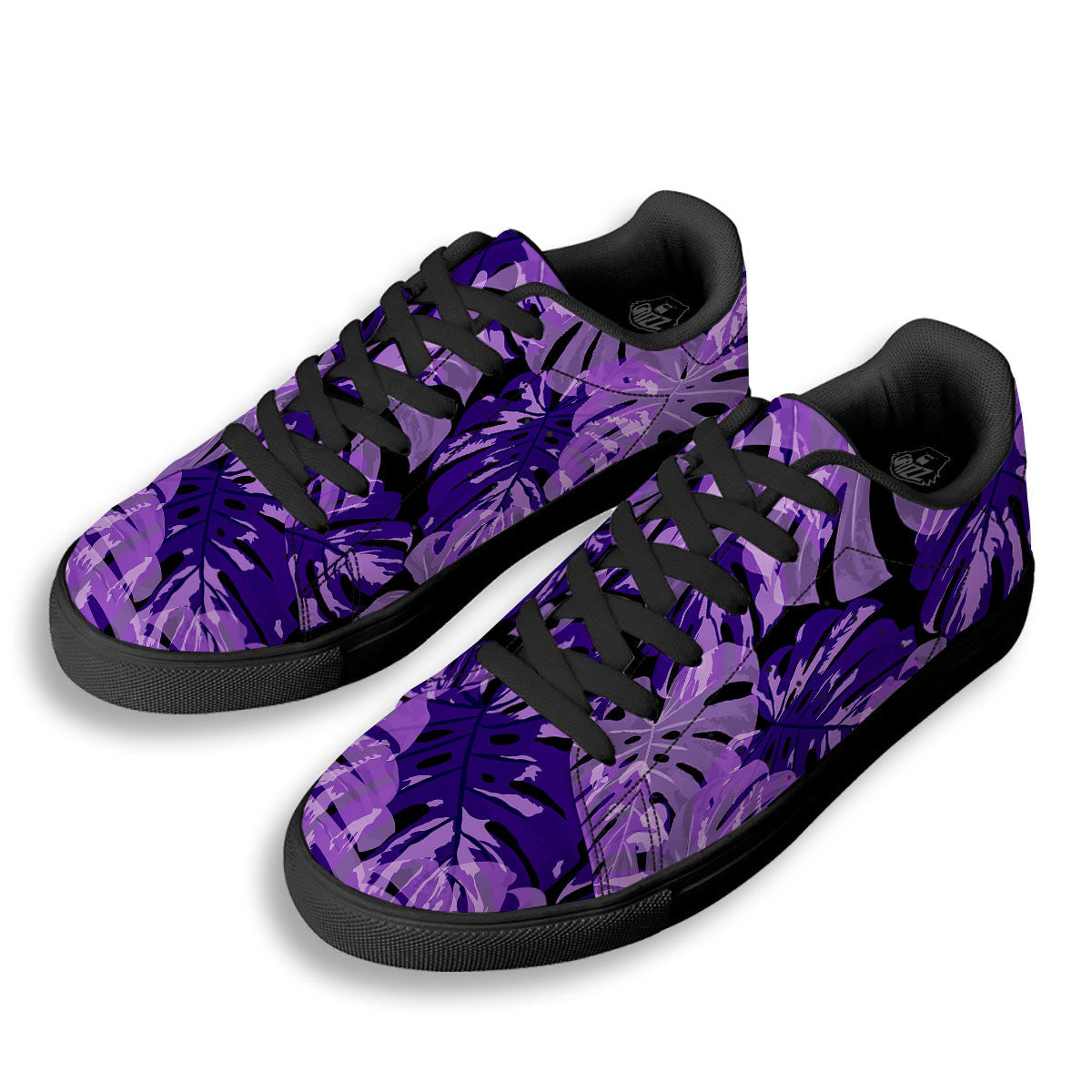 Tropical Leaves Purple Print Black Low Top Sneakers-grizzshop