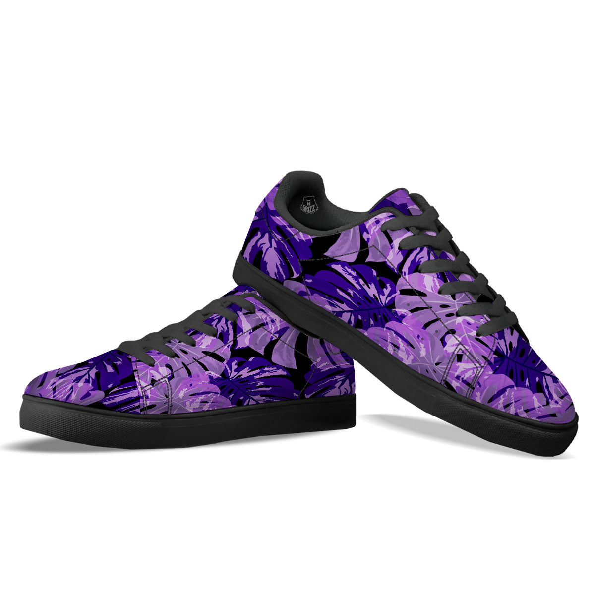 Tropical Leaves Purple Print Black Low Top Sneakers-grizzshop