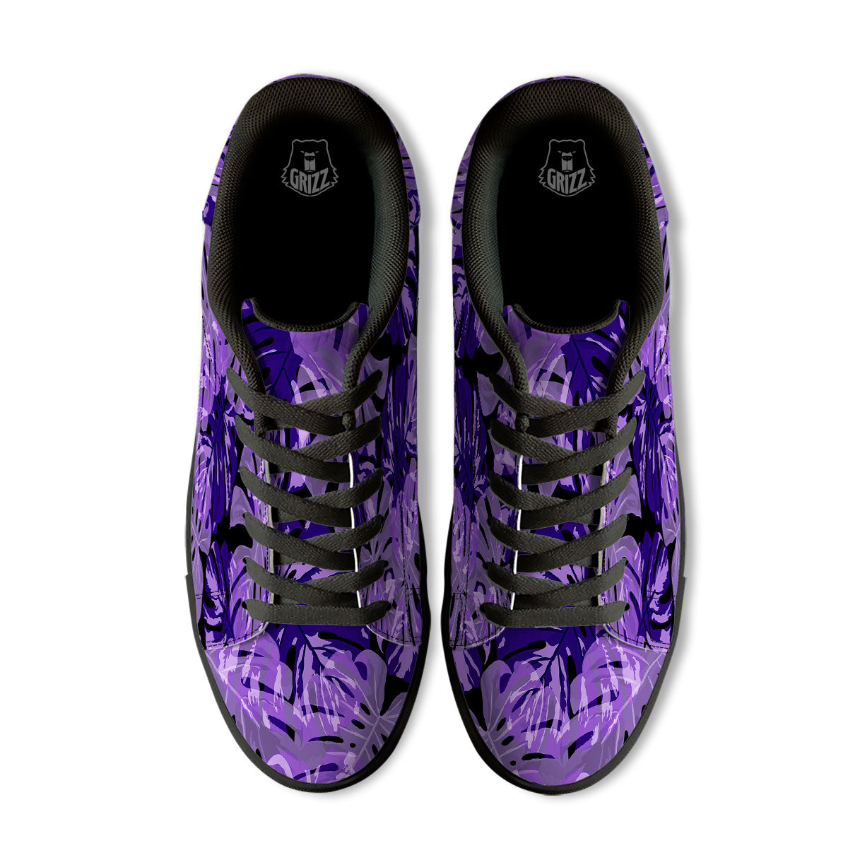 Tropical Leaves Purple Print Black Low Top Sneakers-grizzshop