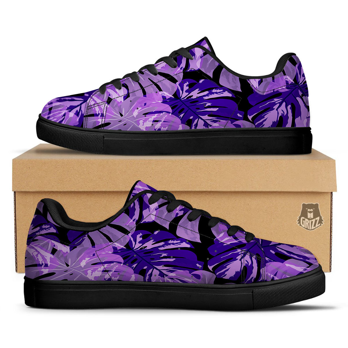 Tropical Leaves Purple Print Black Low Top Sneakers-grizzshop