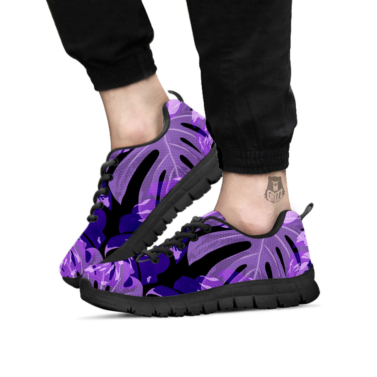 Tropical Leaves Purple Print Black Sneaker-grizzshop