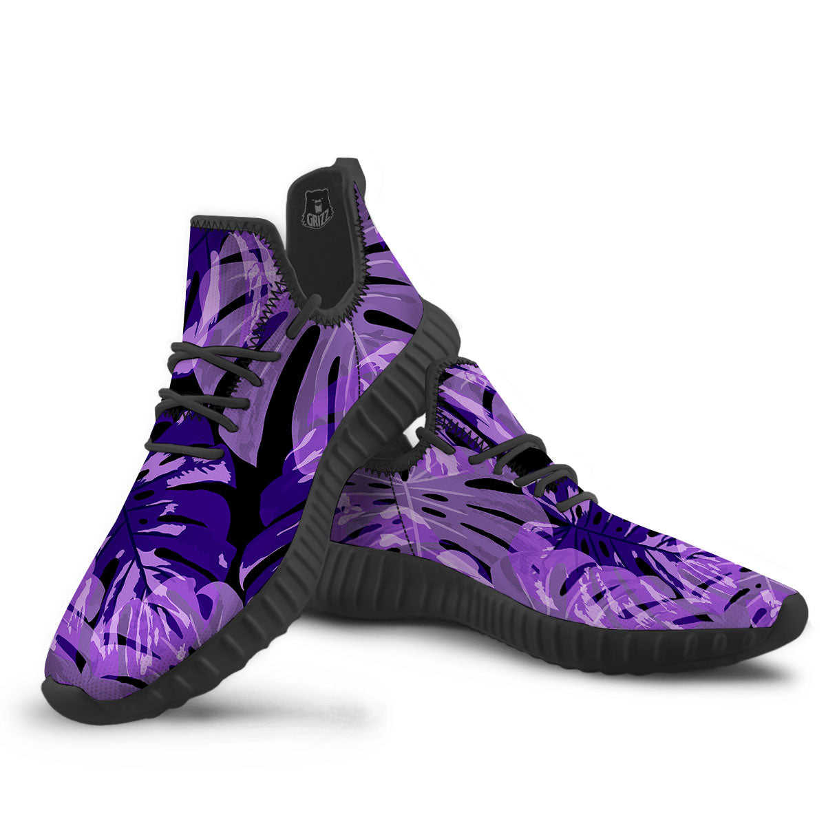 Tropical Leaves Purple Print Black Walking Shoes-grizzshop