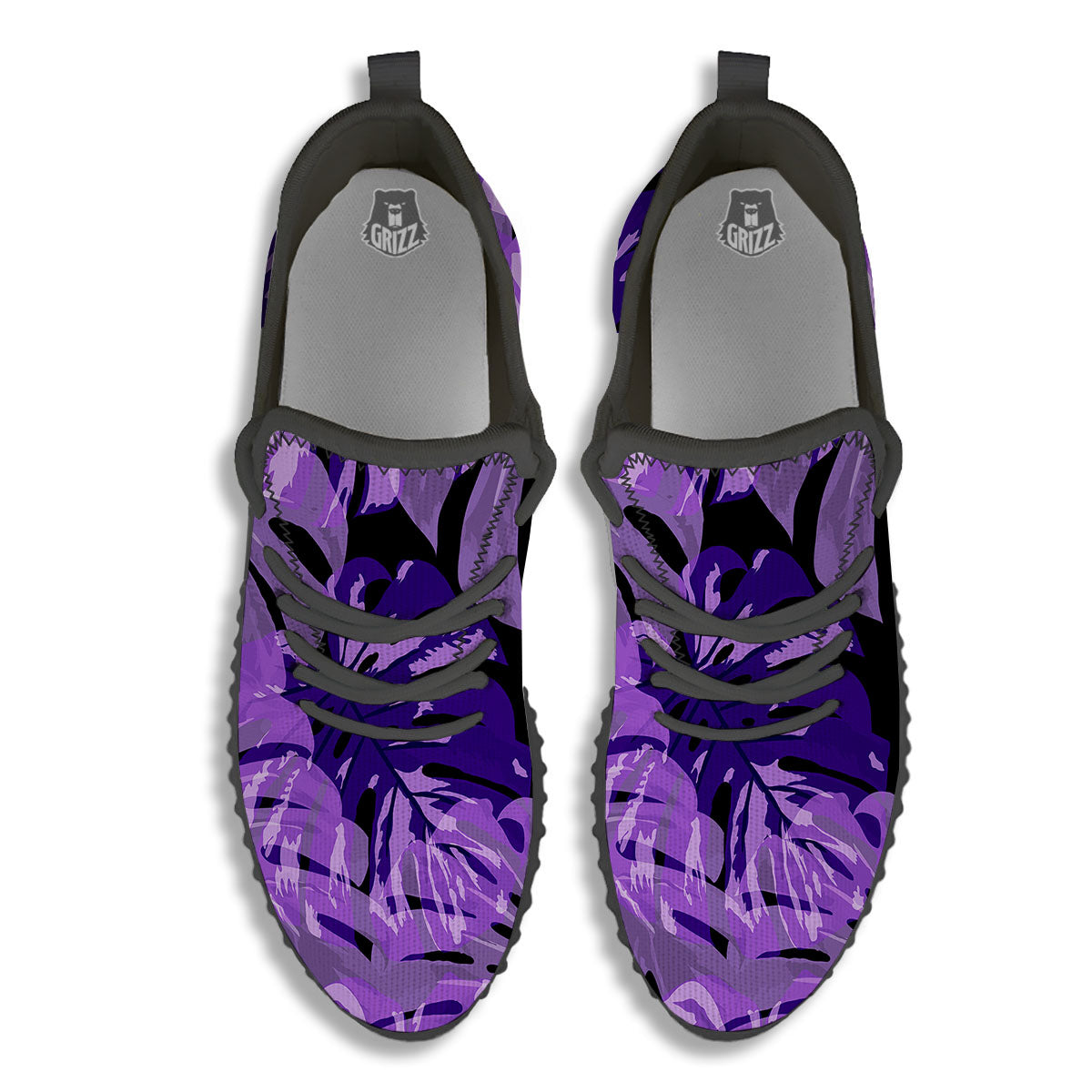 Tropical Leaves Purple Print Black Walking Shoes-grizzshop