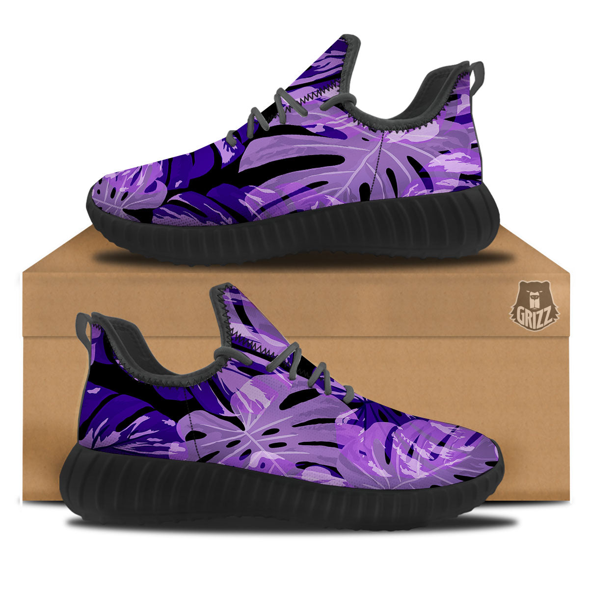 Tropical Leaves Purple Print Black Walking Shoes-grizzshop