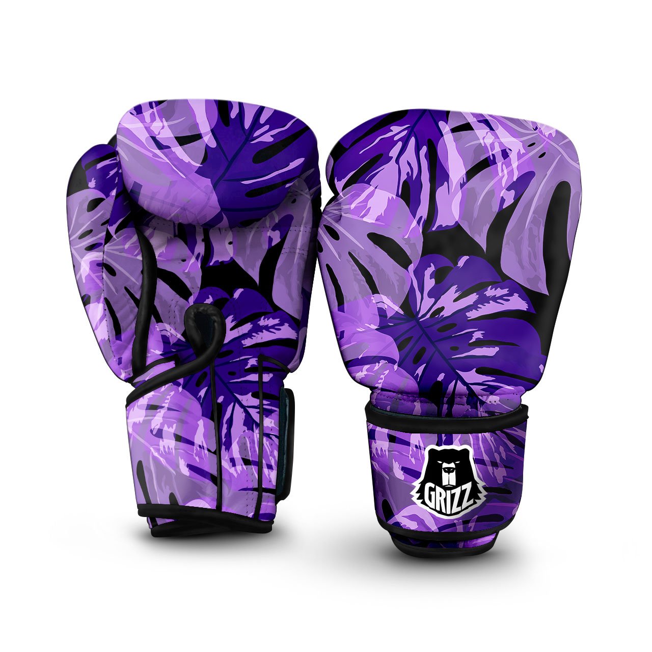 Tropical Leaves Purple Print Boxing Gloves-grizzshop