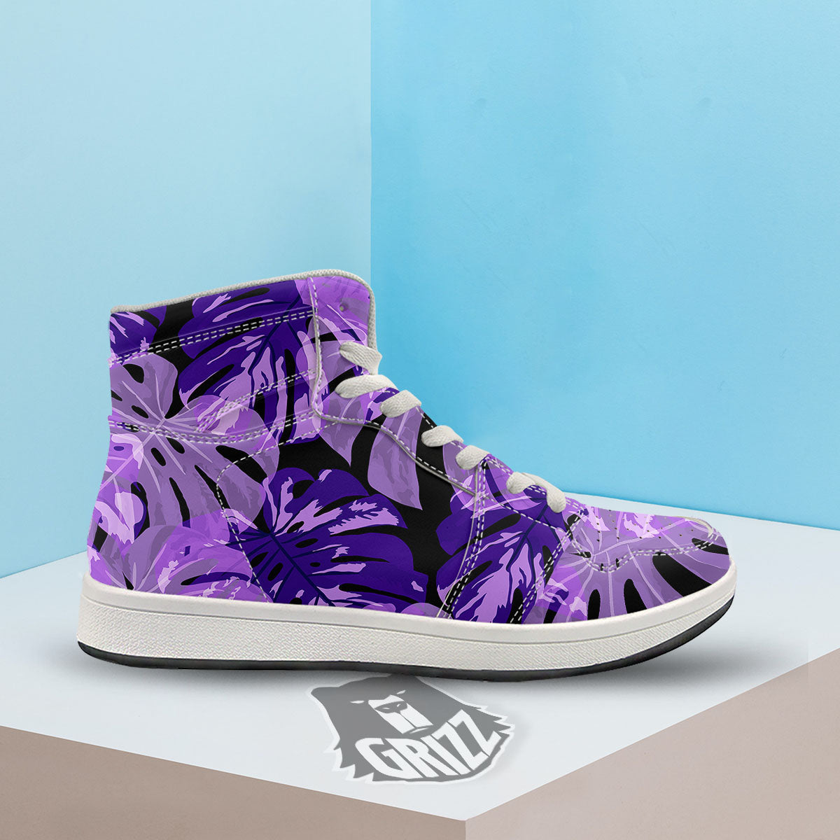 Tropical Leaves Purple Print High Top Sneakers-grizzshop
