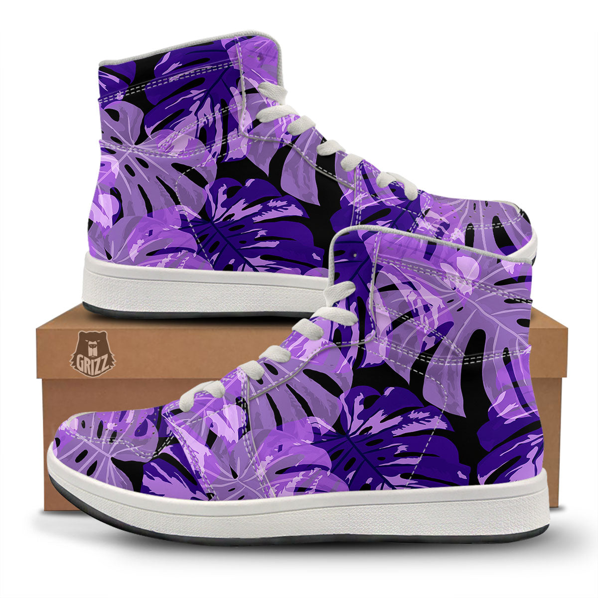 Tropical Leaves Purple Print High Top Sneakers-grizzshop