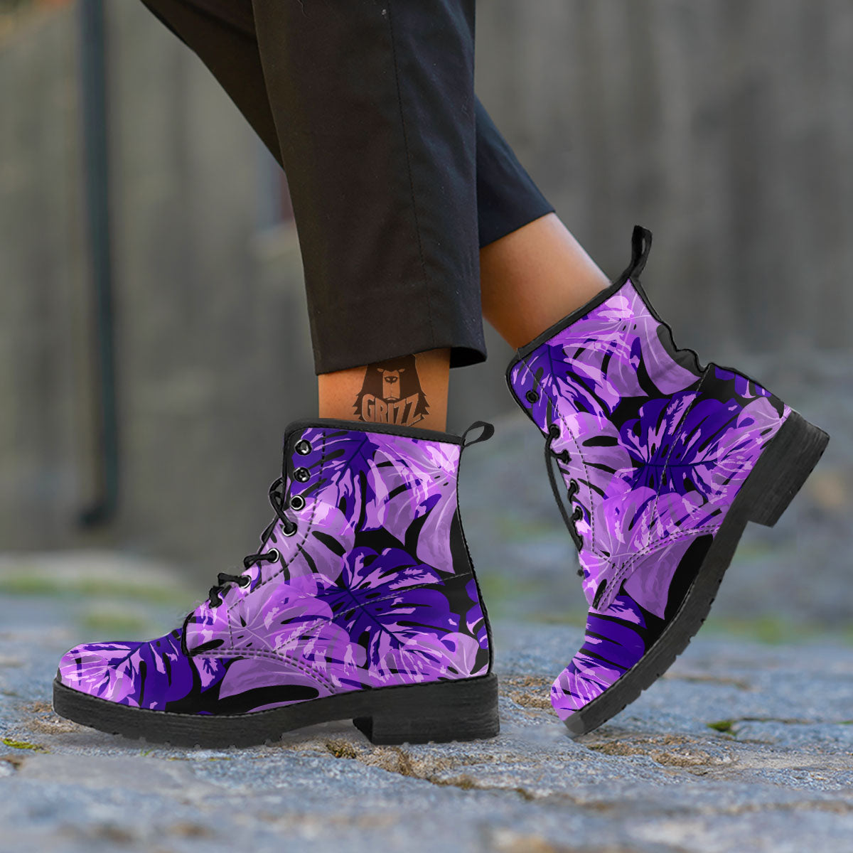 Tropical Leaves Purple Print Leather Boots-grizzshop