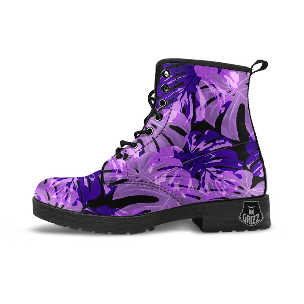 Tropical Leaves Purple Print Leather Boots-grizzshop