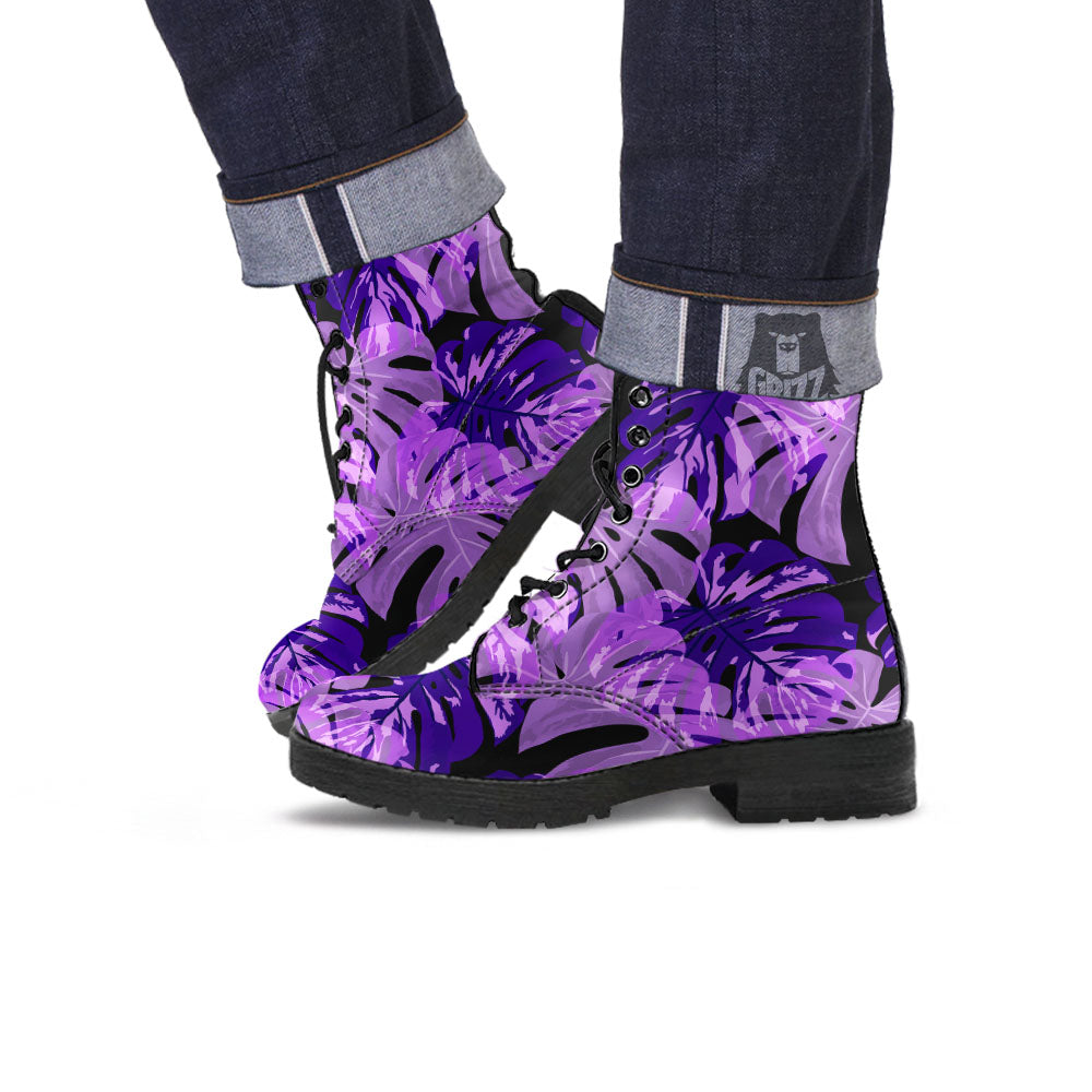 Tropical Leaves Purple Print Leather Boots-grizzshop