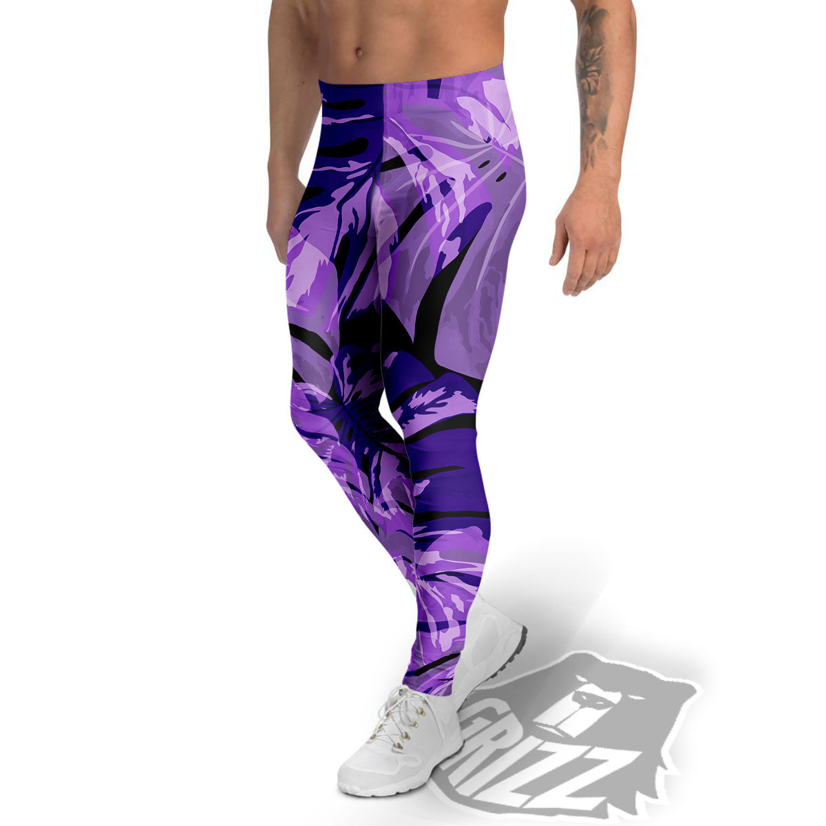 Tropical Leaves Purple Print Men's Leggings-grizzshop