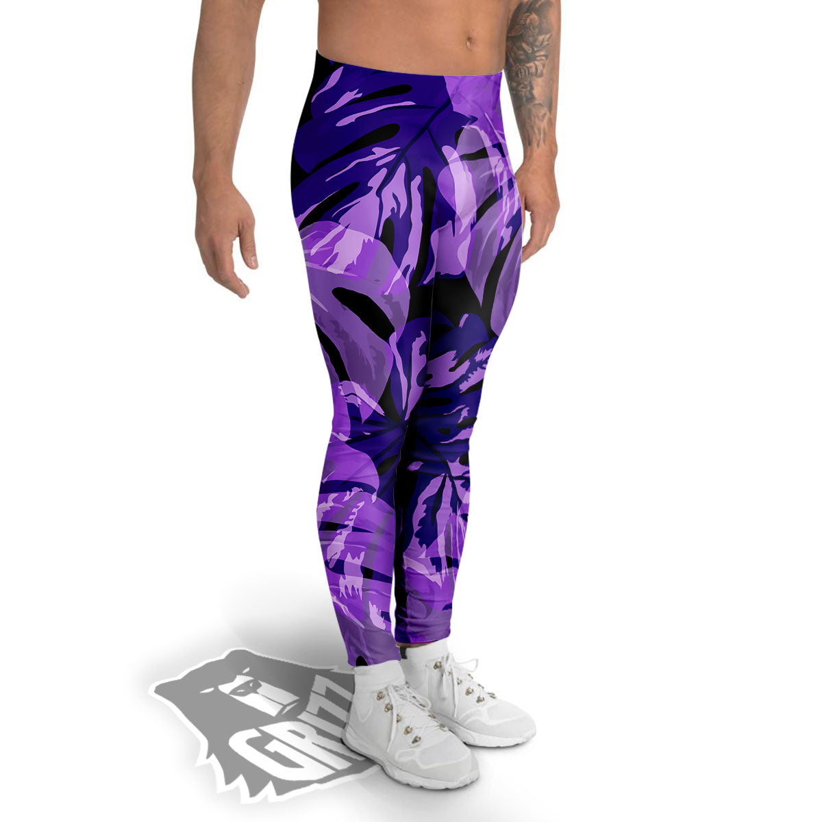 Tropical Leaves Purple Print Men's Leggings-grizzshop