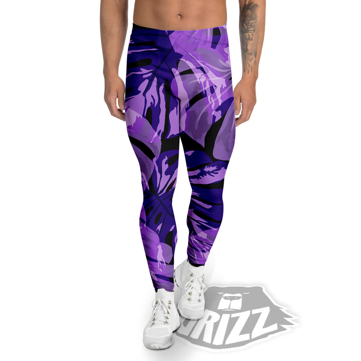 Tropical Leaves Purple Print Men's Leggings-grizzshop