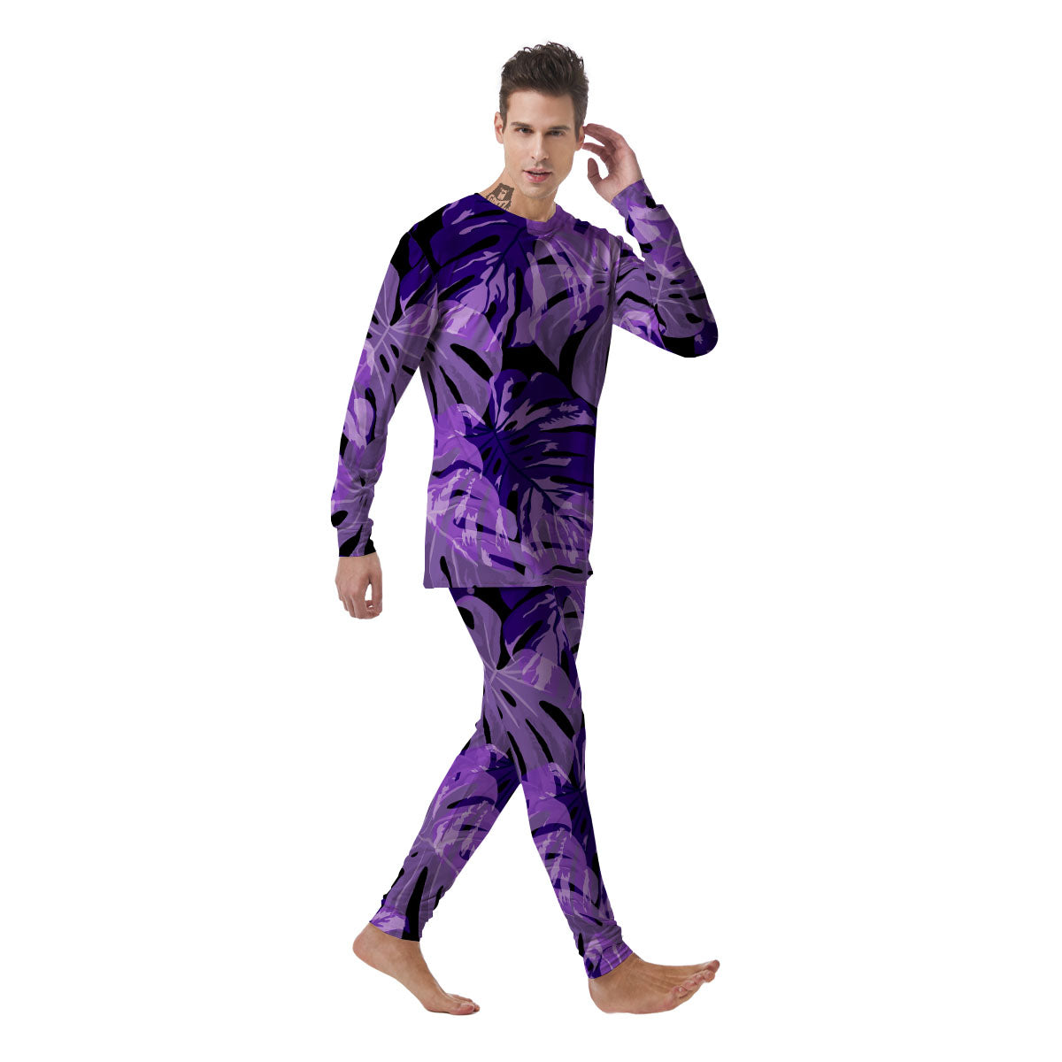 Tropical Leaves Purple Print Men's Pajamas-grizzshop