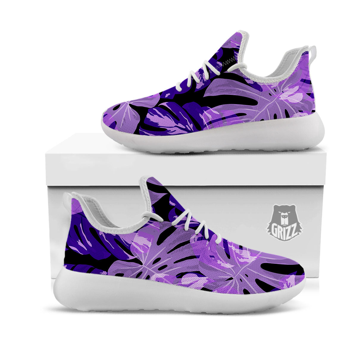 Tropical Leaves Purple Print White Athletic Shoes-grizzshop