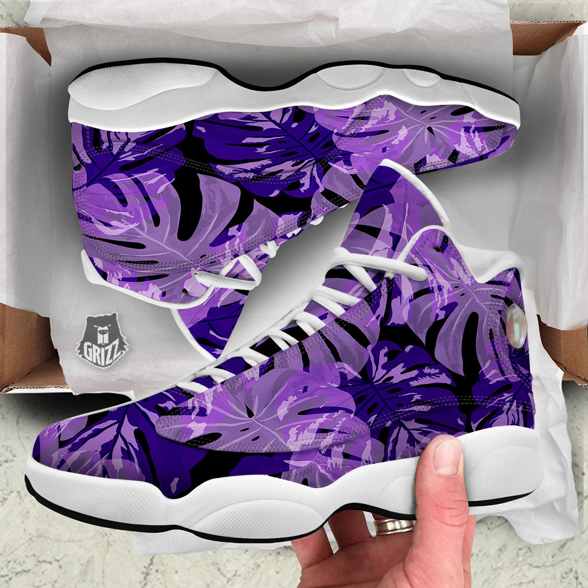 Tropical Leaves Purple Print White Basketball Shoes-grizzshop