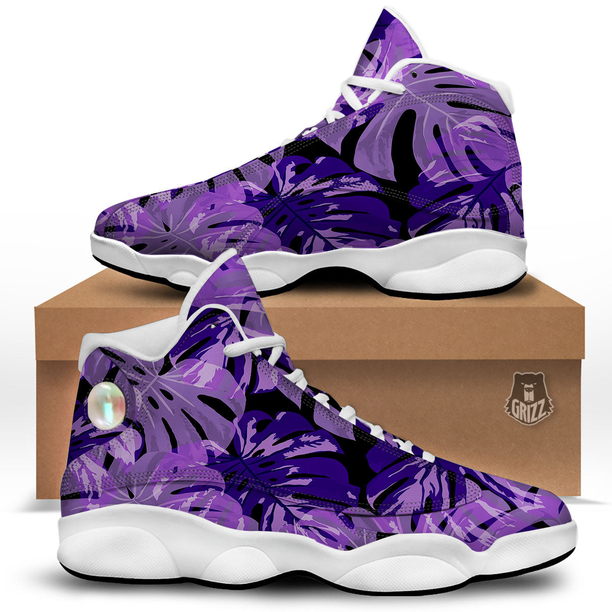 Tropical Leaves Purple Print White Basketball Shoes-grizzshop