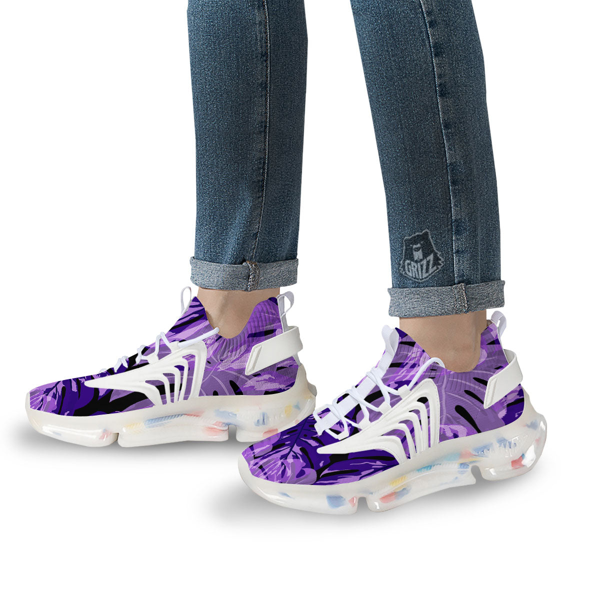 Tropical Leaves Purple Print White Gym Shoes-grizzshop