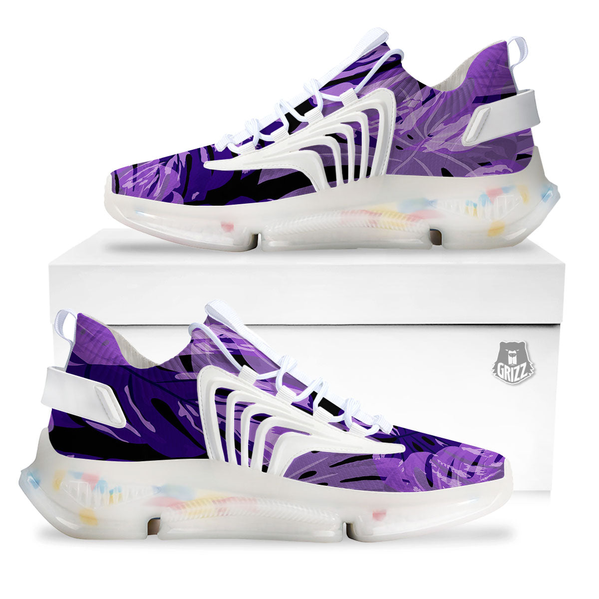 Tropical Leaves Purple Print White Gym Shoes-grizzshop