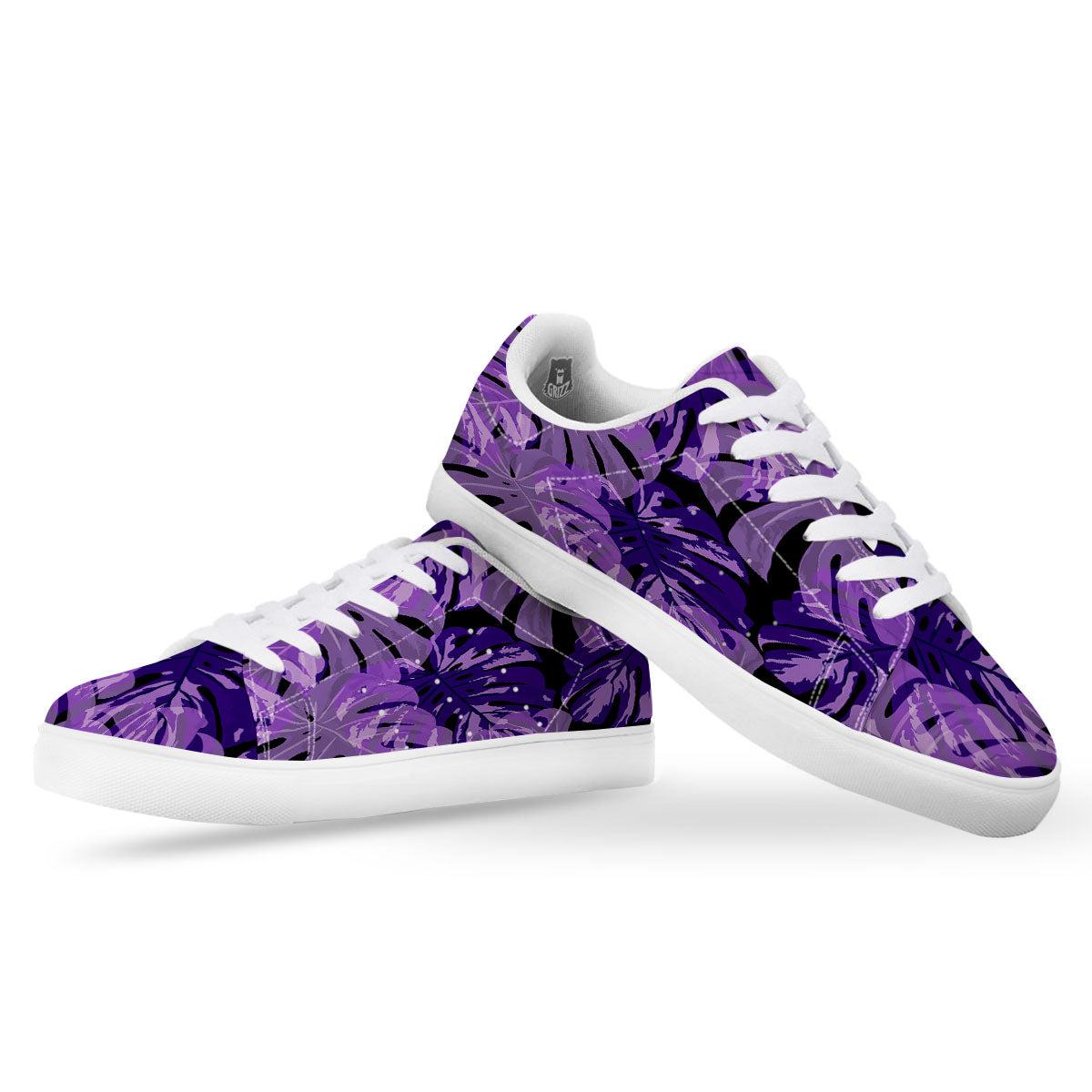 Tropical Leaves Purple Print White Low Top Sneakers-grizzshop