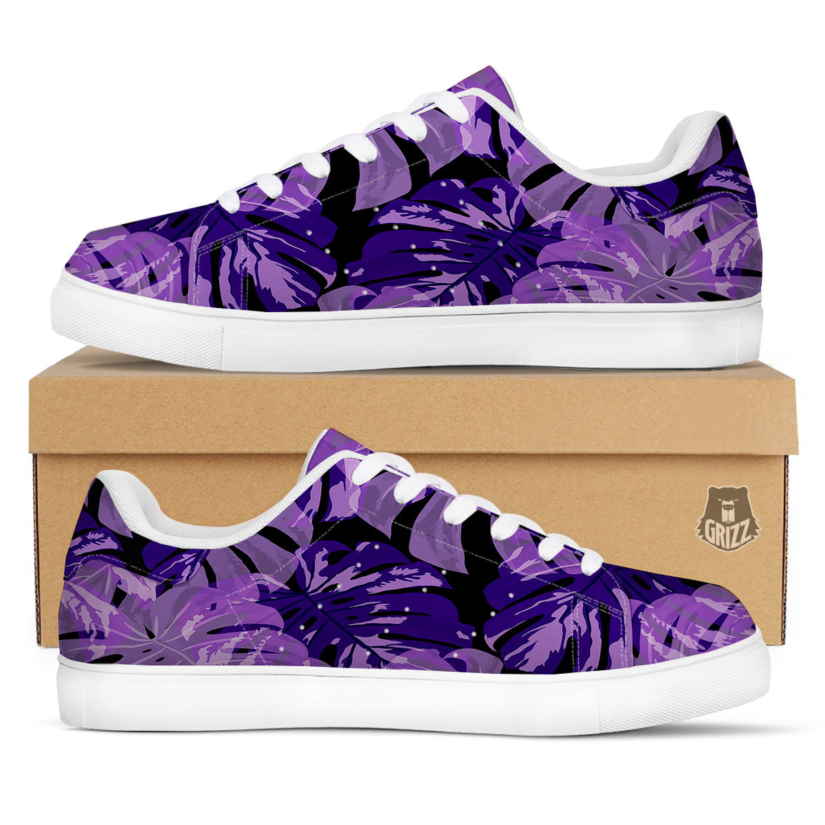 Tropical Leaves Purple Print White Low Top Sneakers-grizzshop