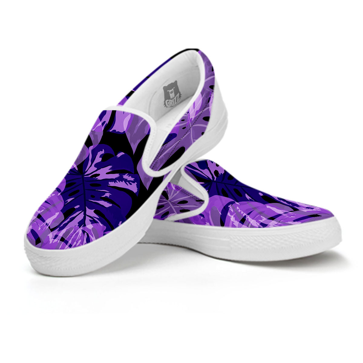 Tropical Leaves Purple Print White Slip On Shoes-grizzshop