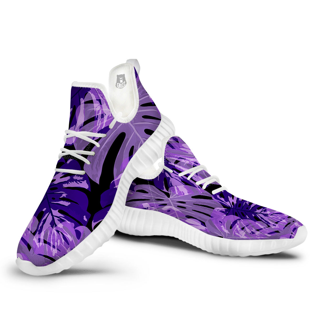 Tropical Leaves Purple Print White Walking Shoes-grizzshop