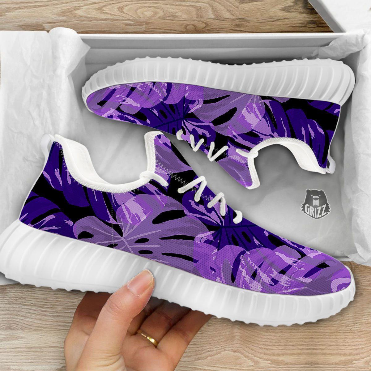 Tropical Leaves Purple Print White Walking Shoes-grizzshop