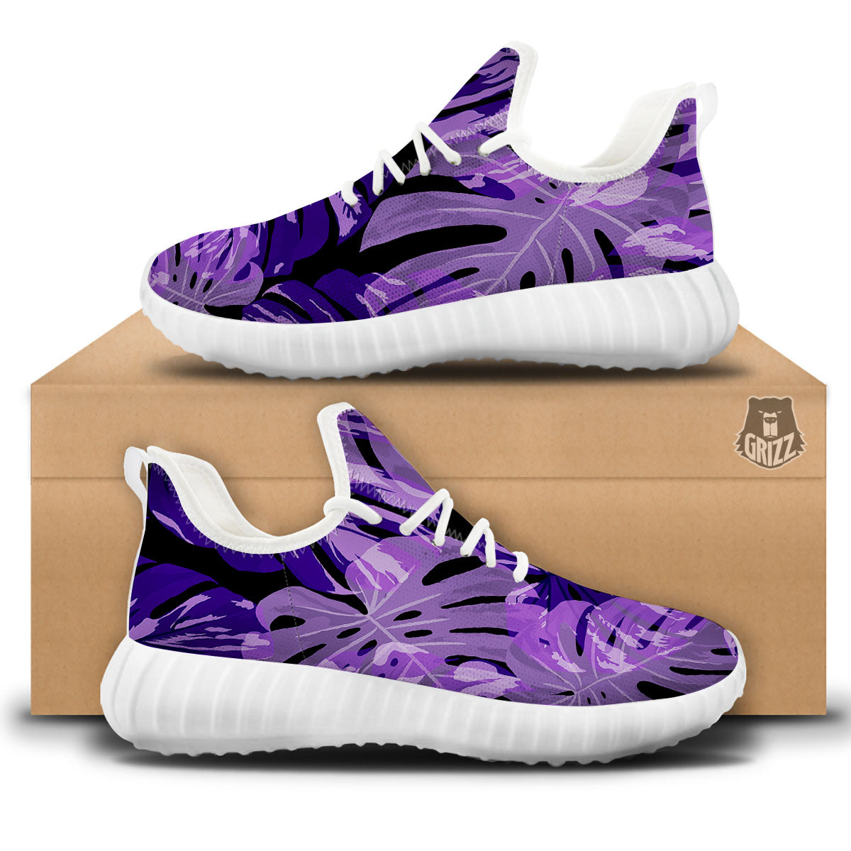 Tropical Leaves Purple Print White Walking Shoes-grizzshop