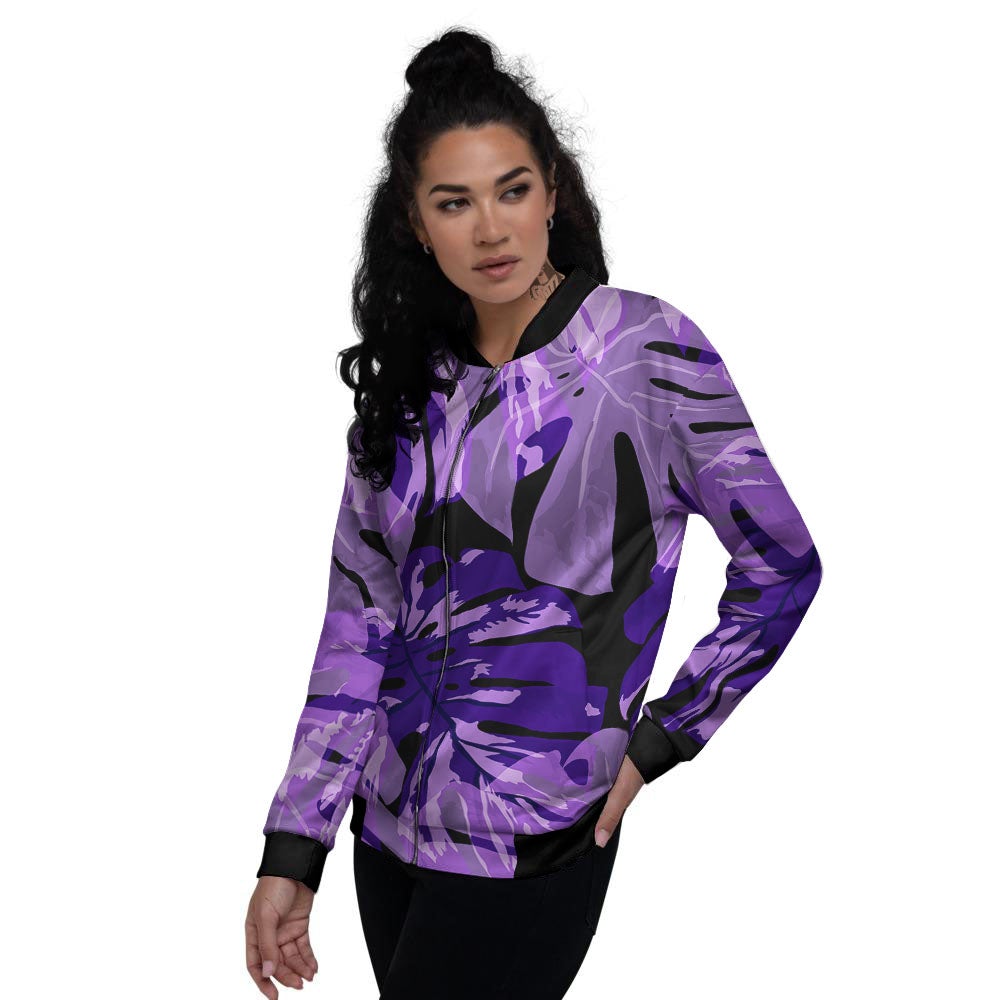 Tropical Leaves Purple Print Women's Bomber Jacket-grizzshop