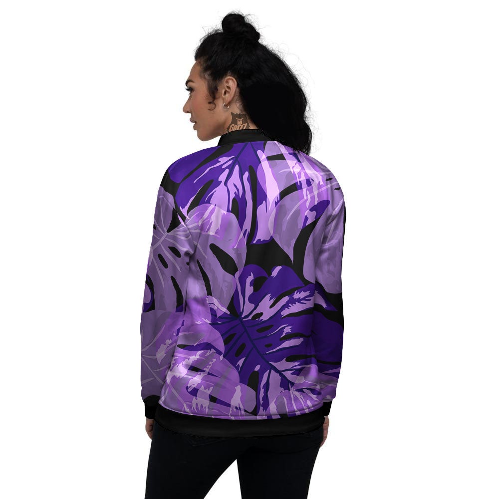 Tropical Leaves Purple Print Women's Bomber Jacket-grizzshop